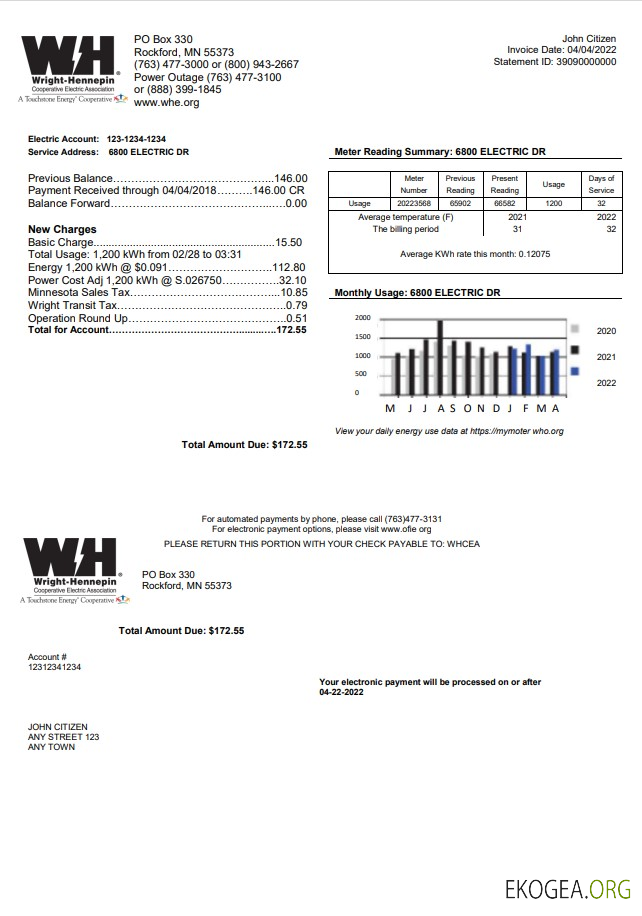 USA Minnesota Wright Hennepin utility bill template in Word and PDF format